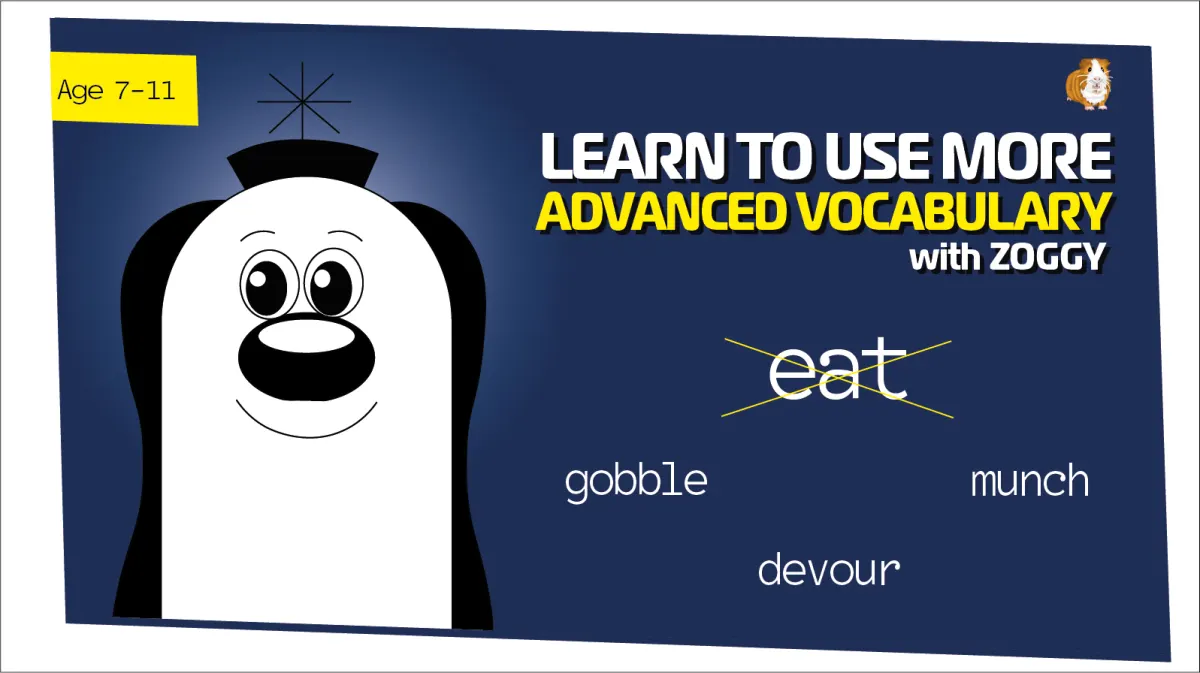 An educational teaching resource from Guinea Pig Education entitled Improve Vocabulary Worksheets: Replace the word eat (Age 7-11) downloadable at Teach Simple.