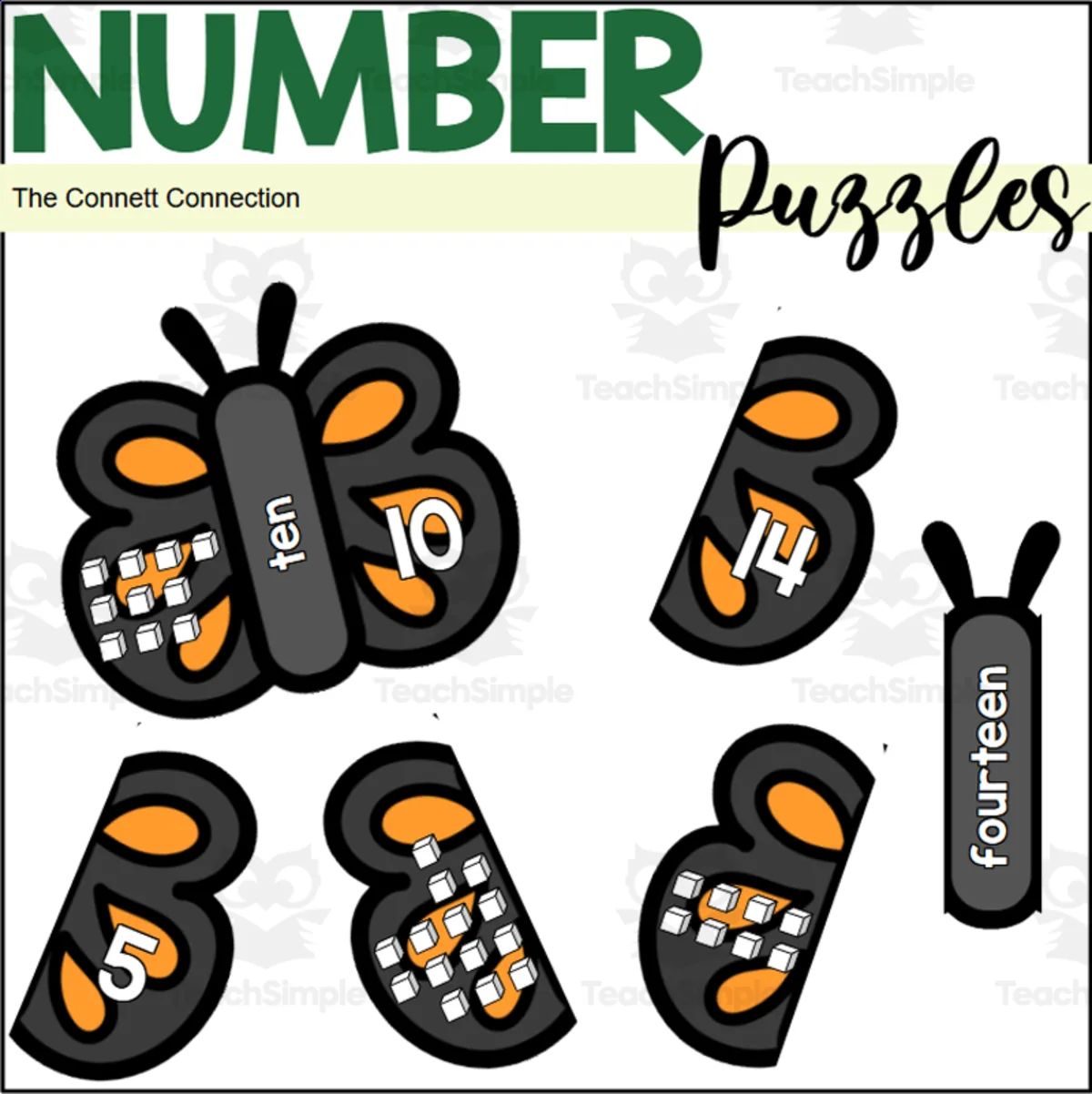 An educational teaching resource from The Connett Connection entitled Insects Number Puzzles 1-20 downloadable at Teach Simple.