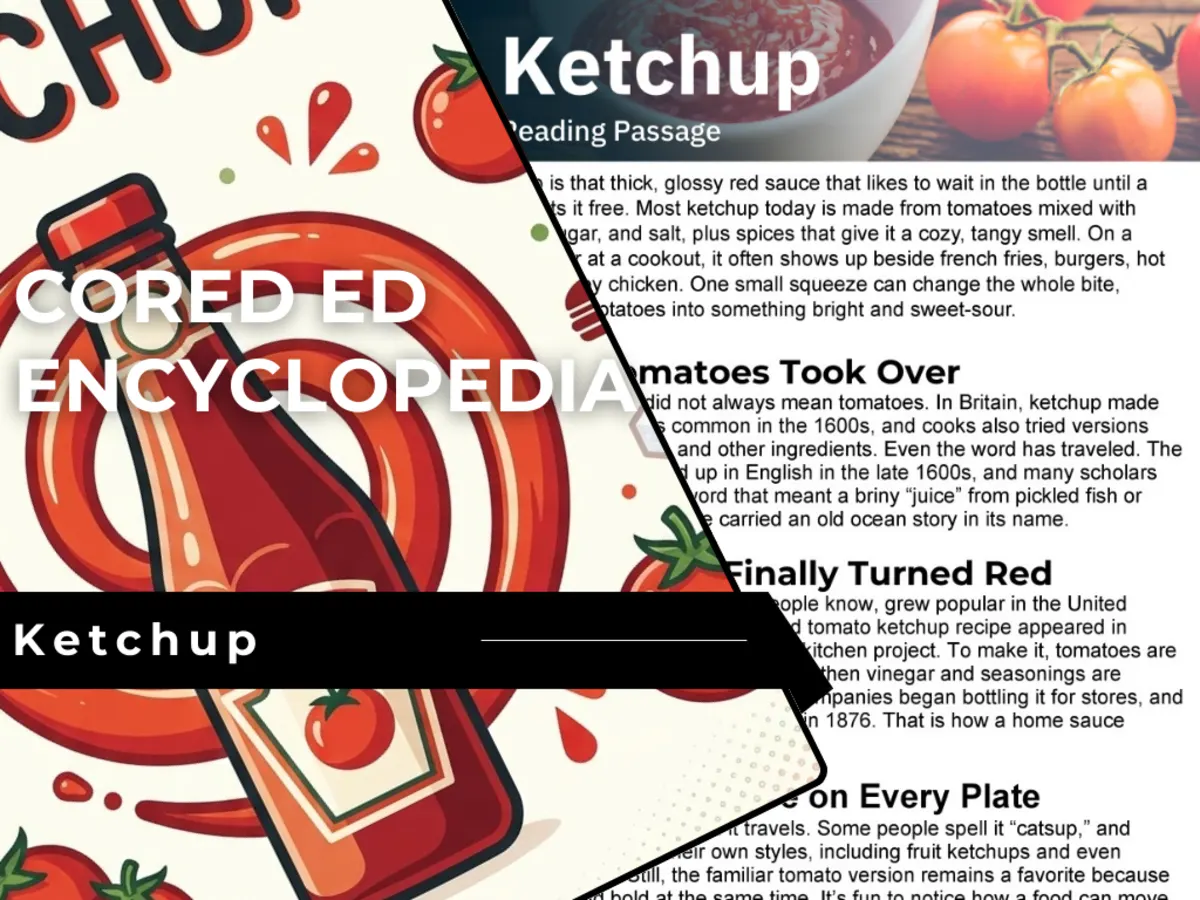 An educational teaching resource from Cored Education entitled Ketchup Reading Comprehension Passage - Cored Ed Encyclopedia downloadable at Teach Simple.