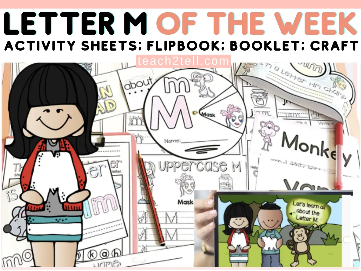 An educational teaching resource from Teach2Tell entitled Letter of the Week M Printables Activity Pack Phonics downloadable at Teach Simple.