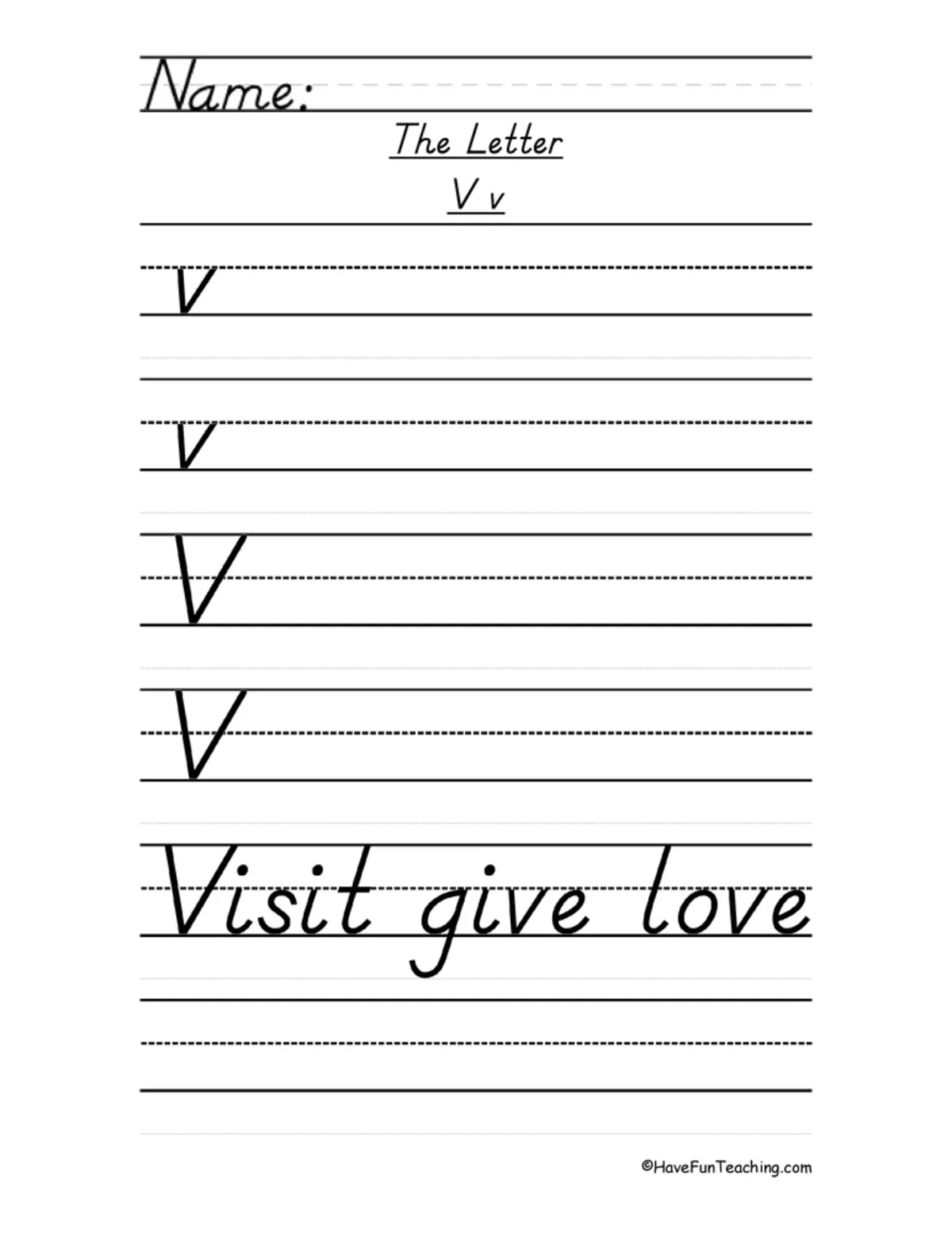 An educational teaching resource from Have Fun Teaching entitled Letter V D'Nealian Style Handwriting Practice Worksheet downloadable at Teach Simple.
