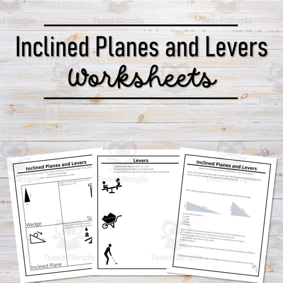 An educational teaching resource from Maude in the Middle entitled Levers and Inclined Planes Worksheet downloadable at Teach Simple.