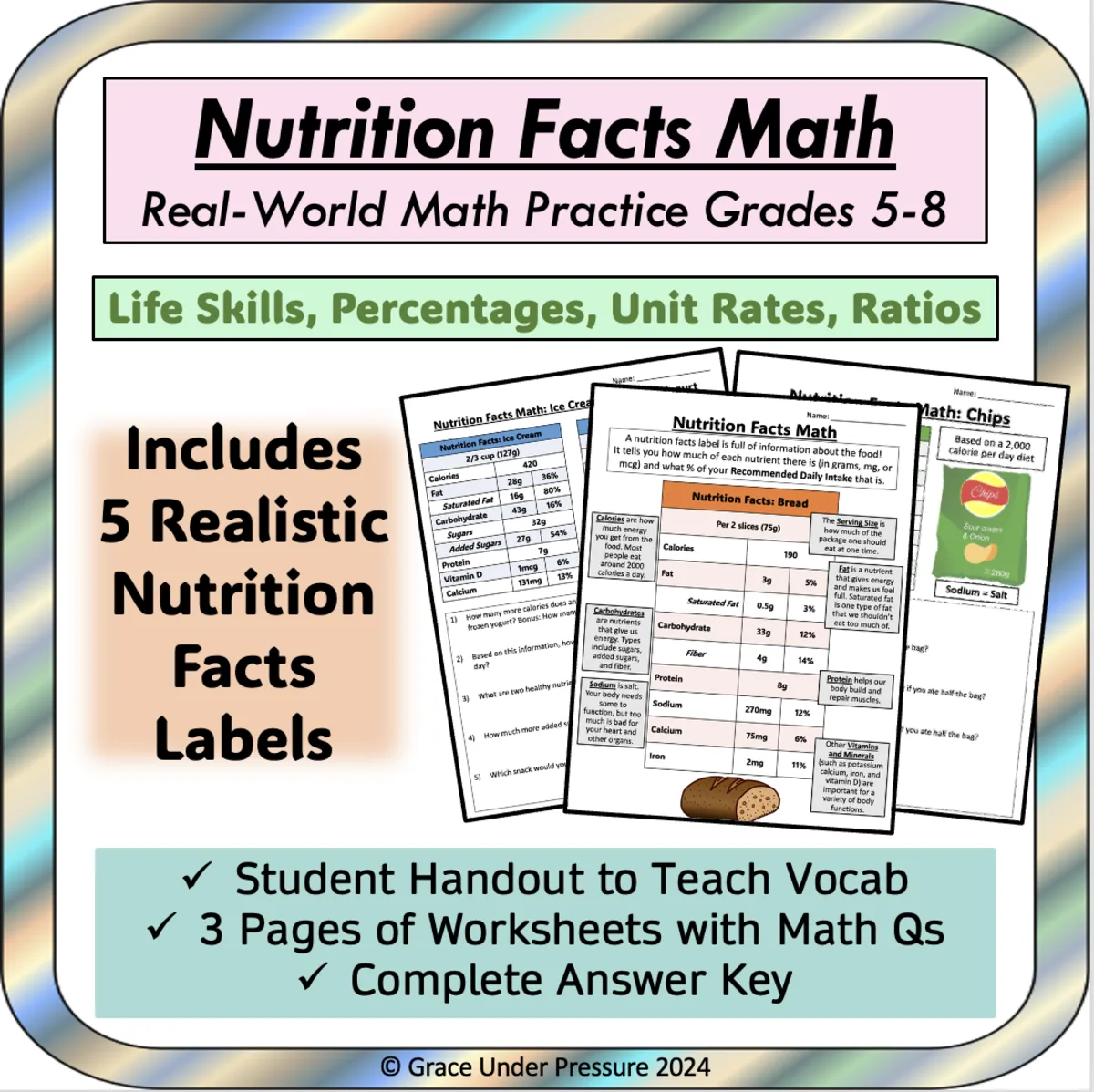 An educational teaching resource from Grace Under Pressure entitled Life Skills: Nutrition Facts Math Percentages, Ratios, Rates downloadable at Teach Simple.