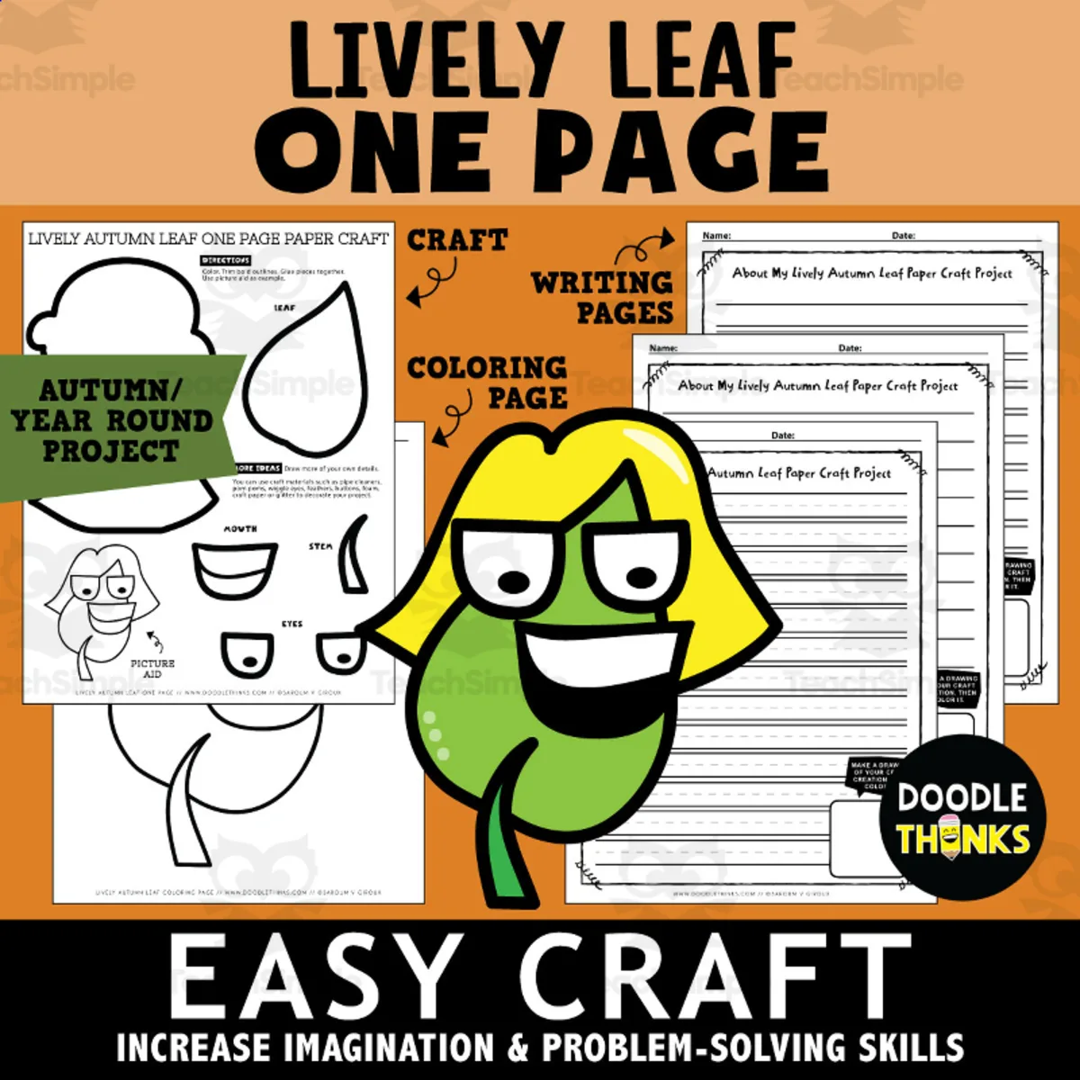 An educational teaching resource from Doodle Thinks entitled Lively Autumn Leaf One Page Paper Craft Activities | Leaf Project downloadable at Teach Simple.