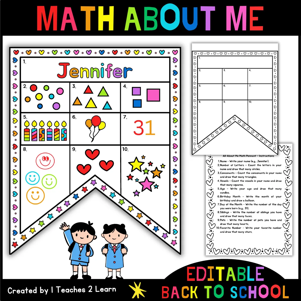 An educational teaching resource from 1 Teaches 2 Learn entitled Math & Me Pennant – All About Me Back to School Activity (Grades K–3) downloadable at Teach Simple.