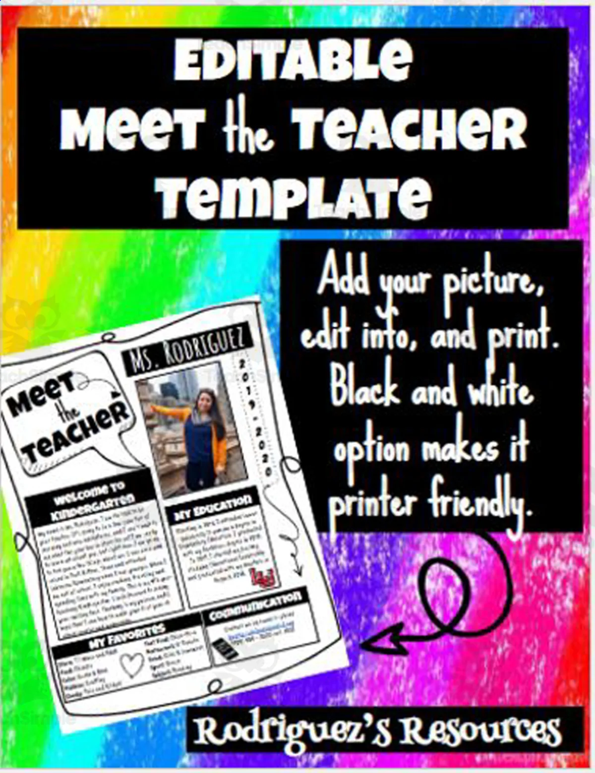 An educational teaching resource from Rodriguez's Resources entitled Meet the Teacher Template downloadable at Teach Simple.