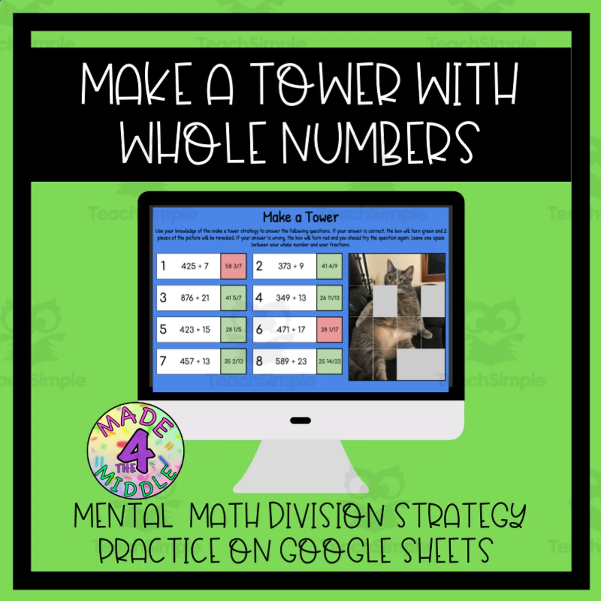 An educational teaching resource from Made 4 The Middle entitled Mental Math Mystery Picture Reveal: "Make a Tower" Division Strategy downloadable at Teach Simple.