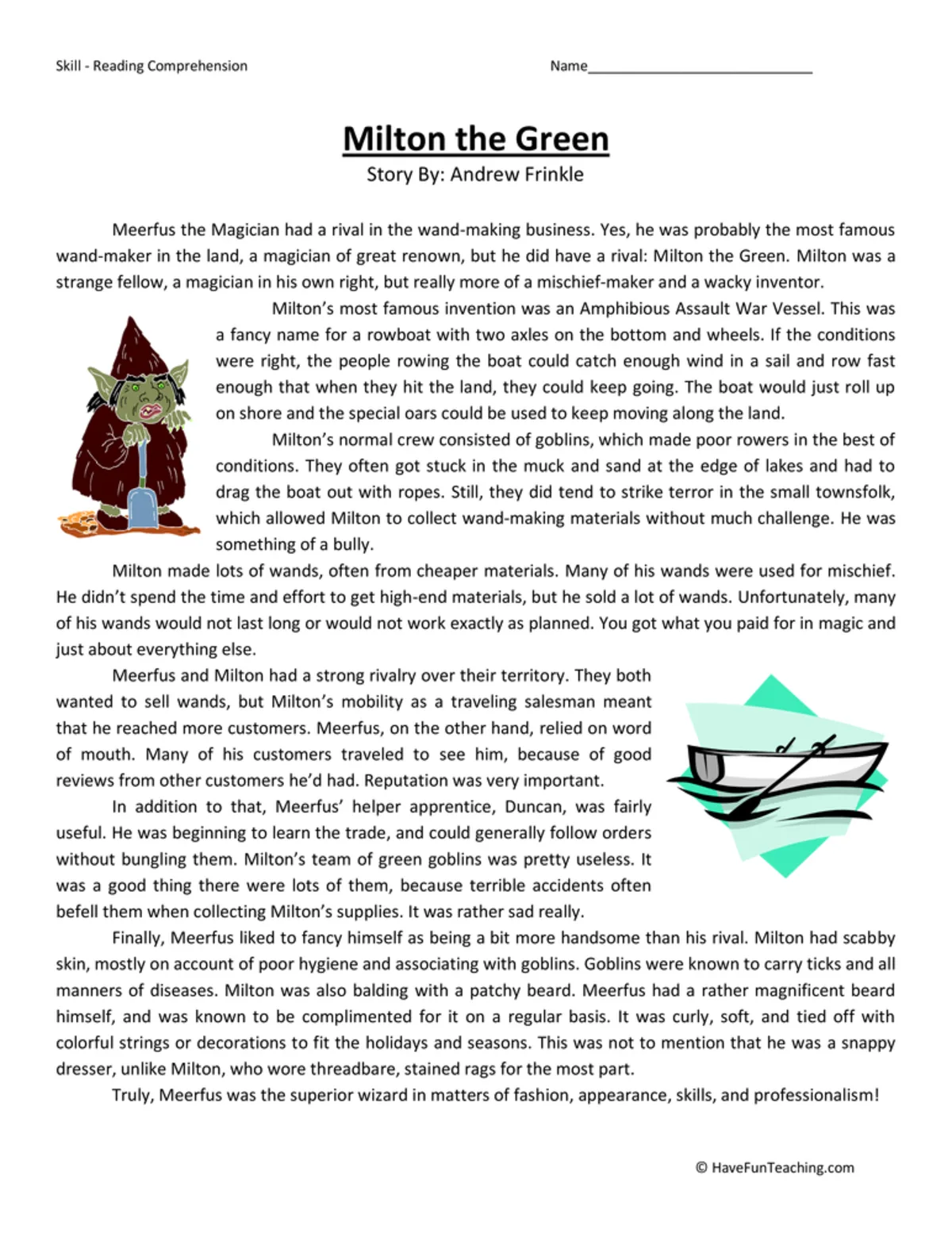 An educational teaching resource from Have Fun Teaching entitled Milton the Green Reading Comprehension Worksheet downloadable at Teach Simple.