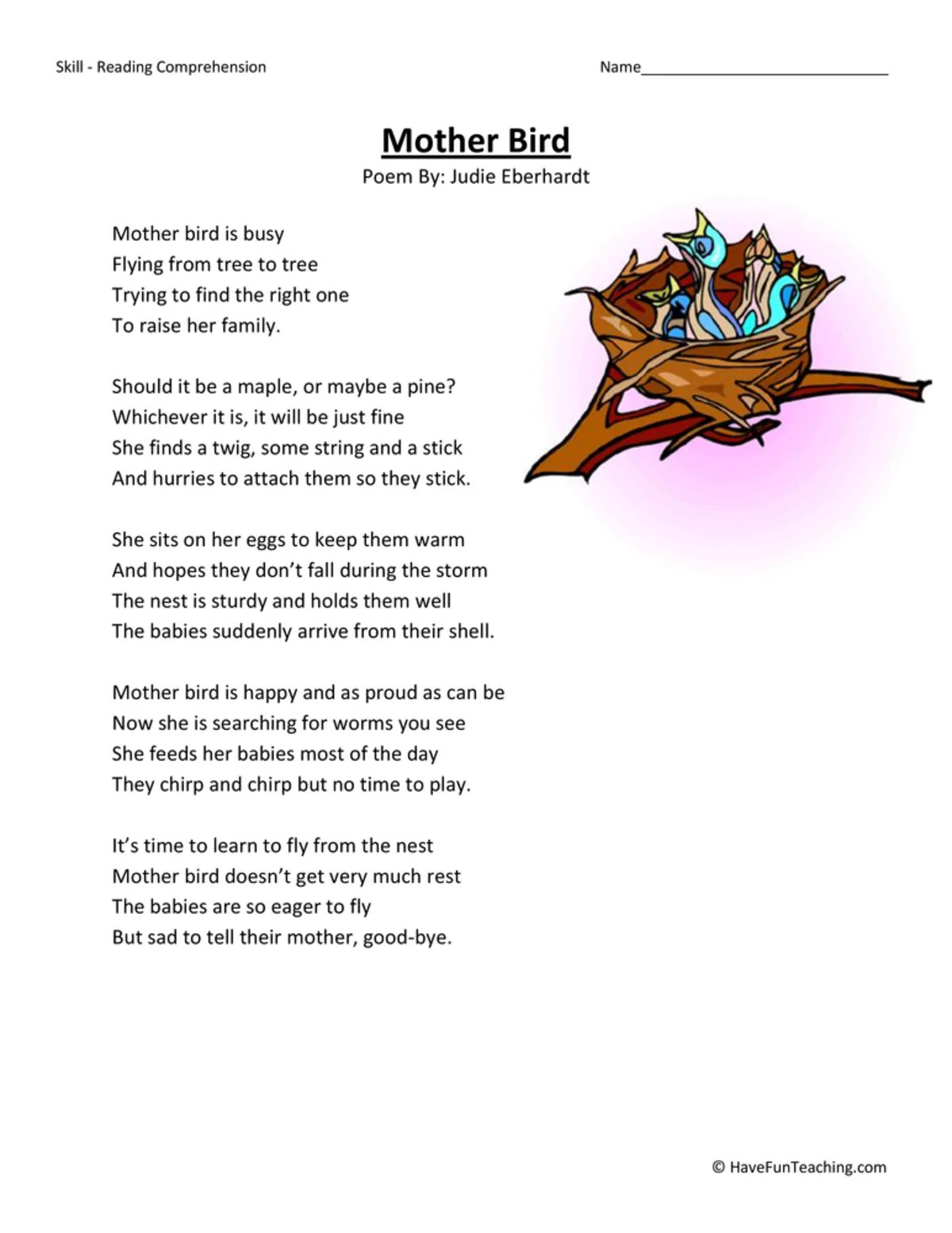 An educational teaching resource from Have Fun Teaching entitled Mother Bird Reading Comprehension Worksheet downloadable at Teach Simple.