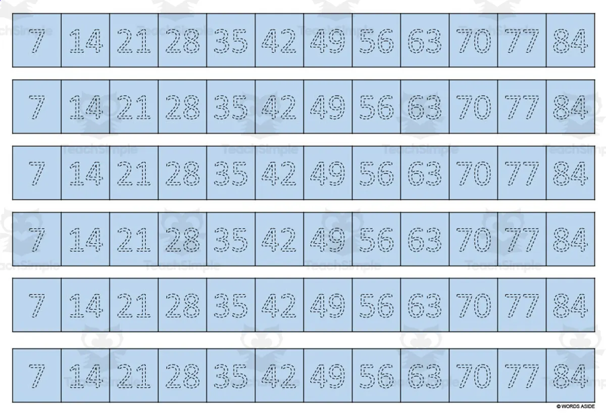 An educational teaching resource from WORDS ASIDE entitled Multiplication Facts Writing | Strip Lines Set 7F downloadable at Teach Simple.