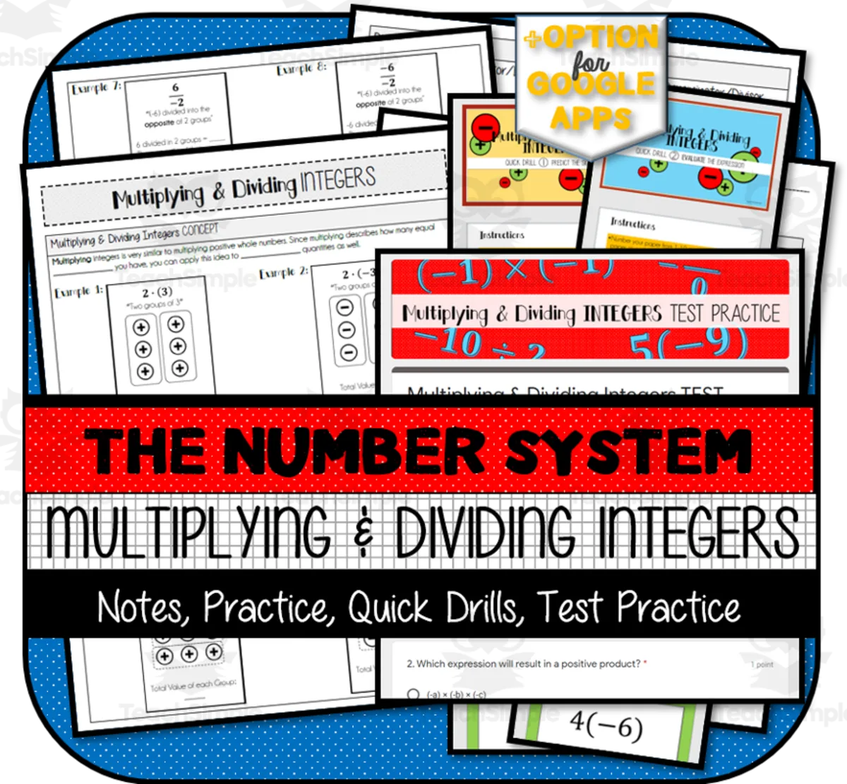 An educational teaching resource from The Math Cafe entitled Multiplying & Dividing Integers NOTES & PRACTICE downloadable at Teach Simple.