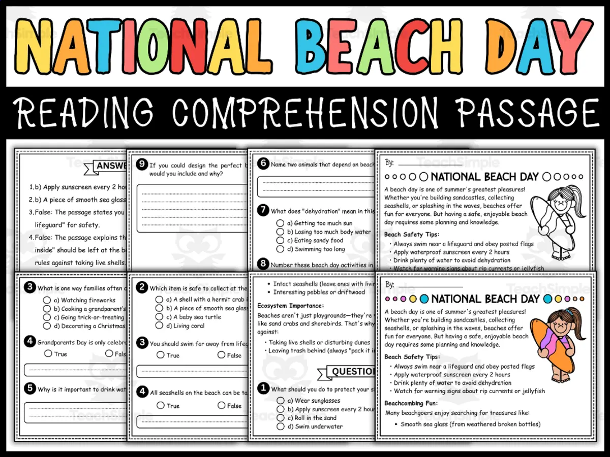 An educational teaching resource from Wonderland School entitled National Beach Day Reading Comprehension Passage & Questions downloadable at Teach Simple.