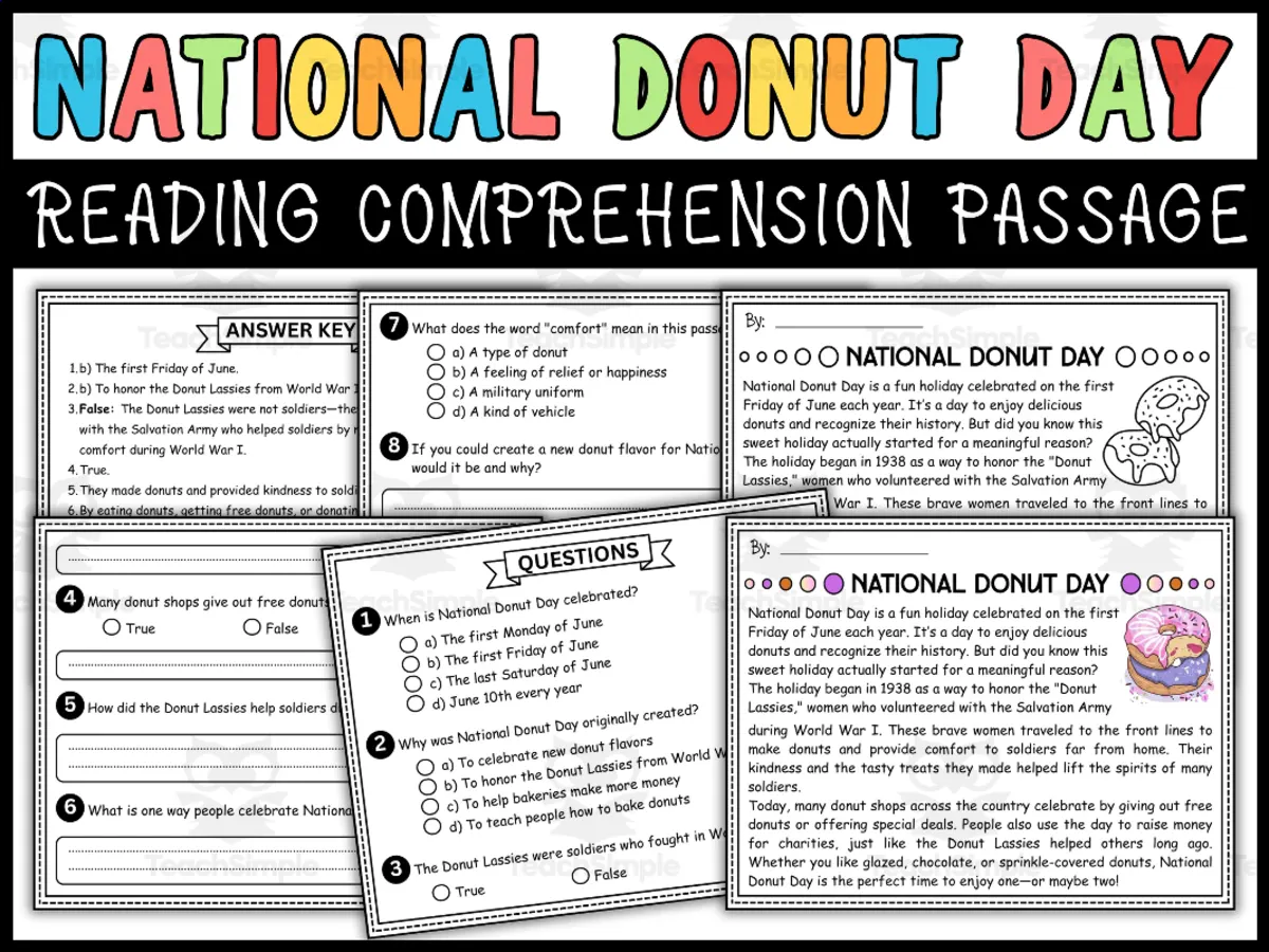 An educational teaching resource from Wonderland School entitled National Donut Day Reading Comprehension Passage & Questions downloadable at Teach Simple.