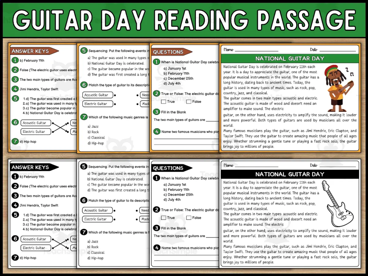 An educational teaching resource from Wonderland School entitled National Quitar Day Reading Comprehension Passages and Questions downloadable at Teach Simple.