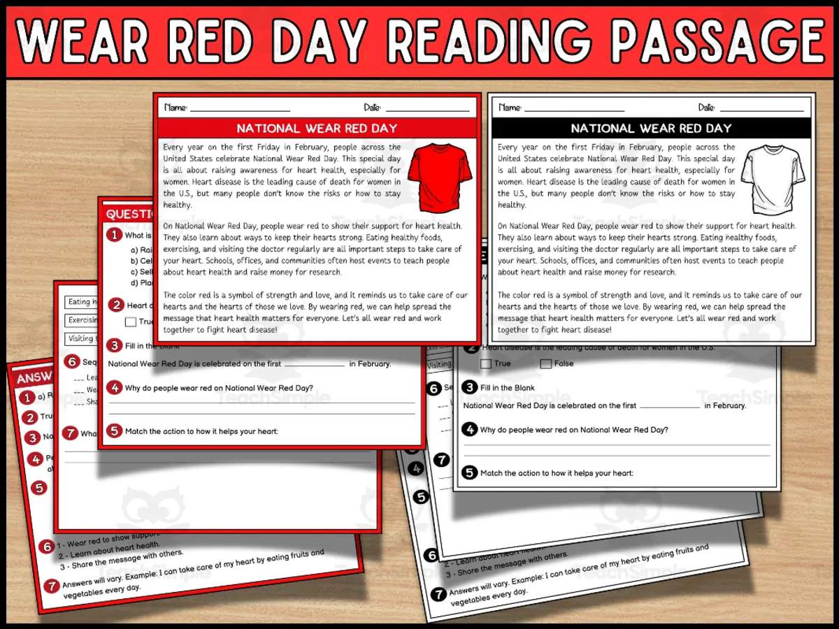 An educational teaching resource from Wonderland School entitled National Wear Red Day Reading Comprehension Passage & Questions downloadable at Teach Simple.