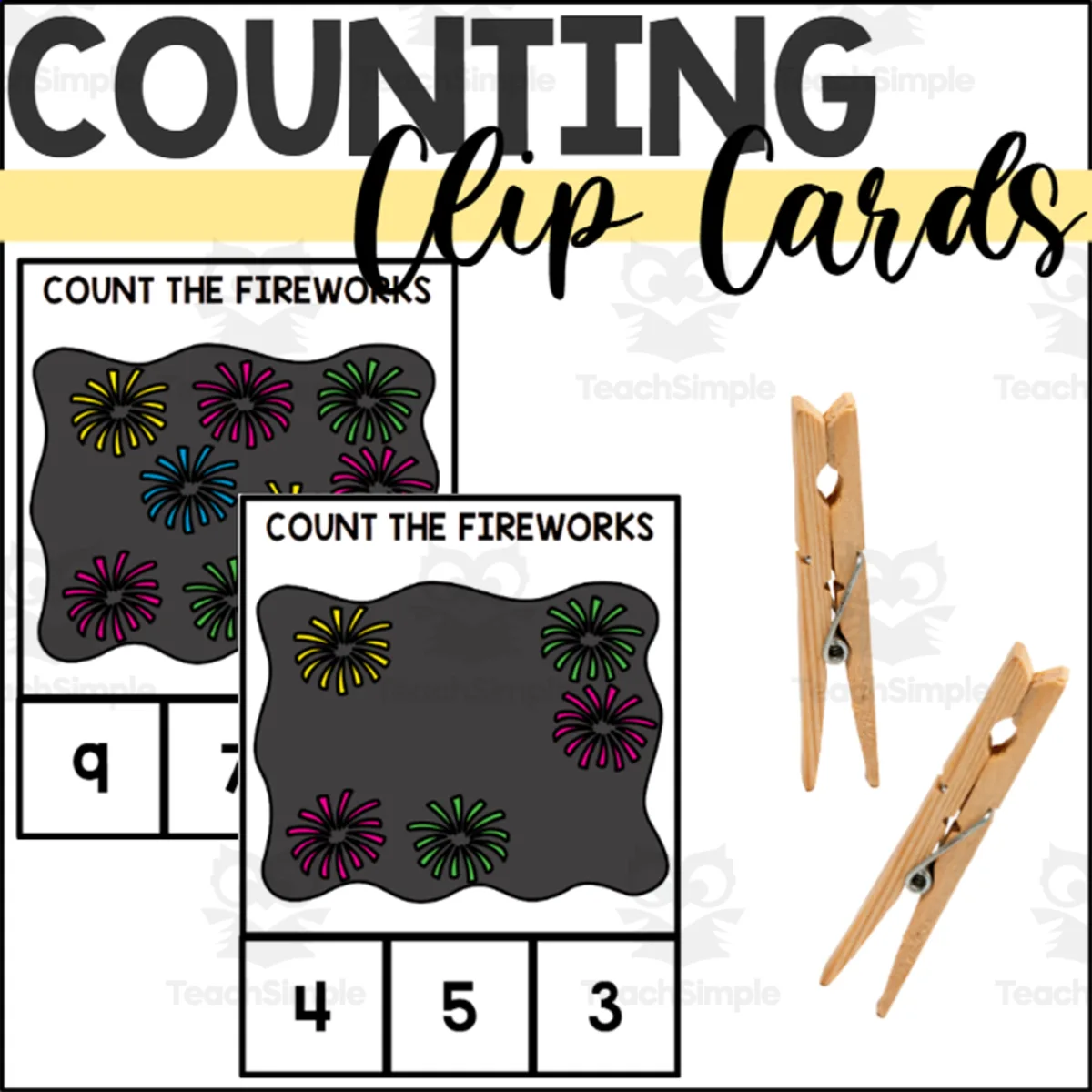 An educational teaching resource from The Connett Connection entitled New Years Counting to 10 Clip Cards downloadable at Teach Simple.