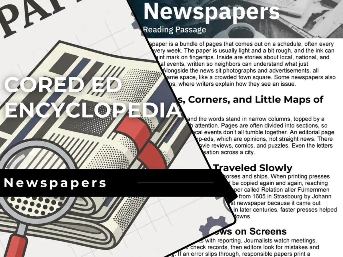 An educational teaching resource from Cored Education entitled Newspapers Reading Comprehension Passage - Cored Ed Encyclopedia downloadable at Teach Simple.