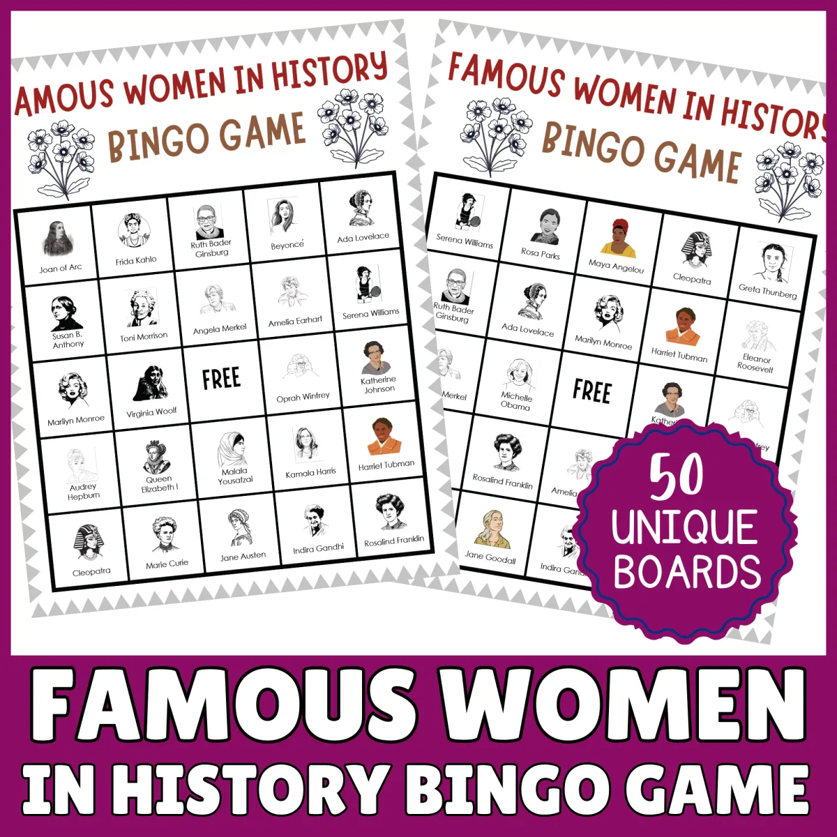 An educational teaching resource from Perfect_Printables entitled No Prep Famous Influential Women's In History Bingo Game Activities downloadable at Teach Simple.