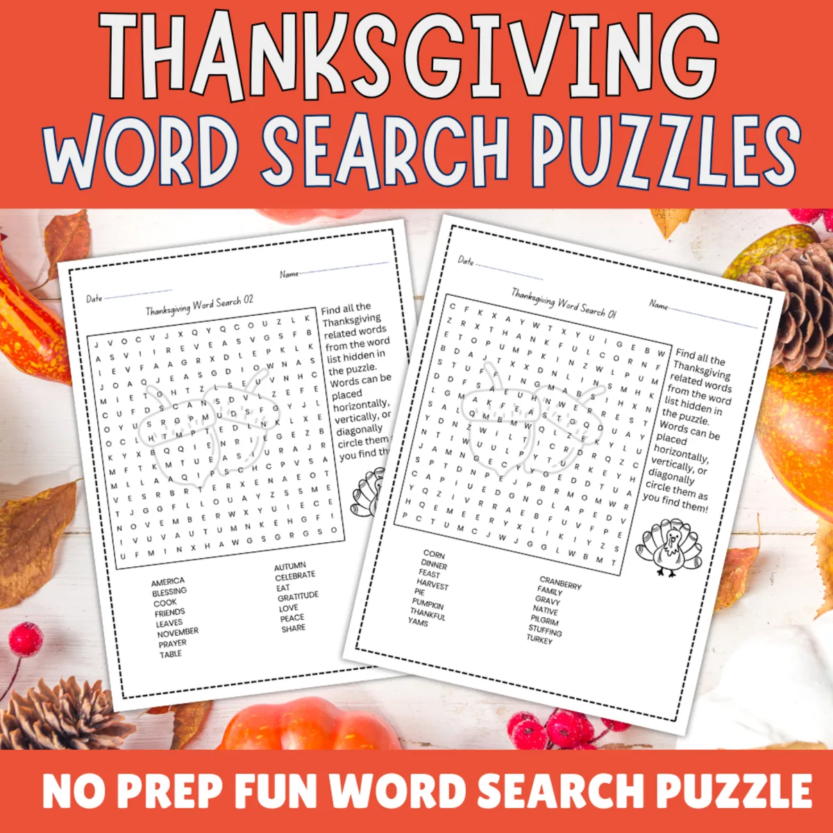 An educational teaching resource from Perfect_Printables entitled No Prep Thanksgiving Word Search Puzzle Worksheet downloadable at Teach Simple.