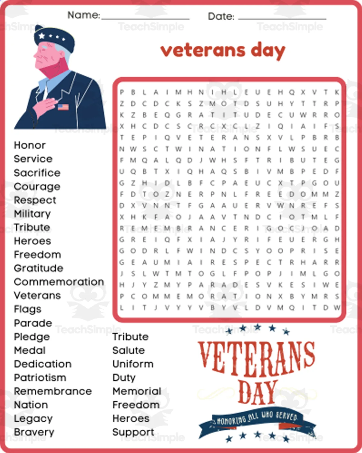 An educational teaching resource from space shope entitled No prep veterans day word search puzzle worksheet activity downloadable at Teach Simple.