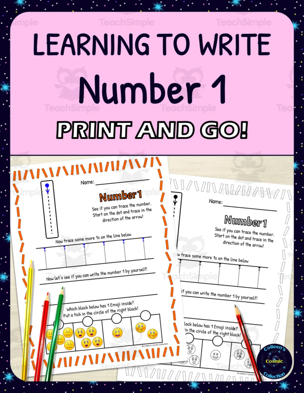 An educational teaching resource from Colleen's Cosmic Collection entitled Number Formation Practice Worksheets - Learning to Write Number 1 downloadable at Teach Simple.