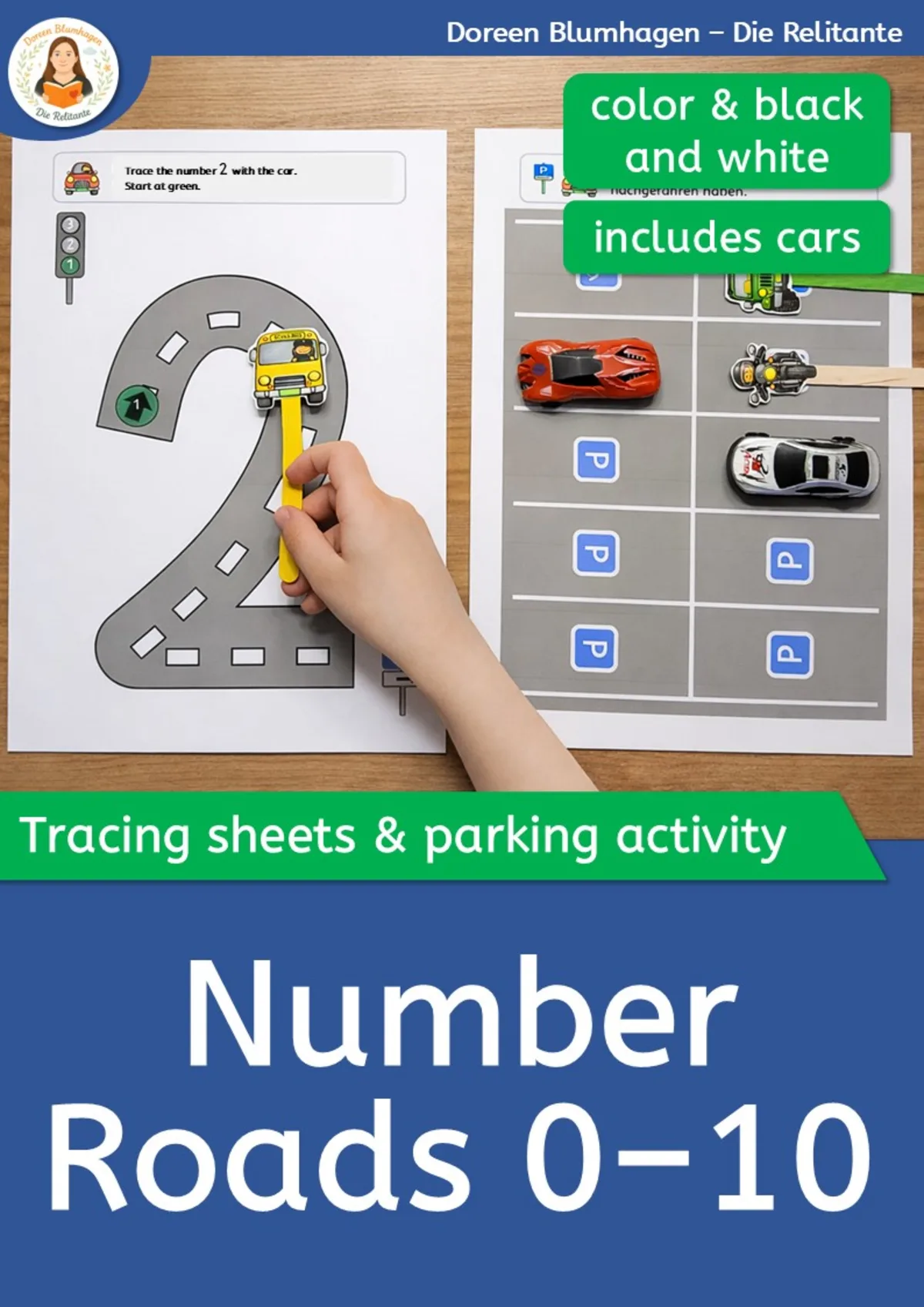 An educational teaching resource from Die Relitante entitled Number Roads 0–10 – Tracing and Parking Activities with Cars downloadable at Teach Simple.