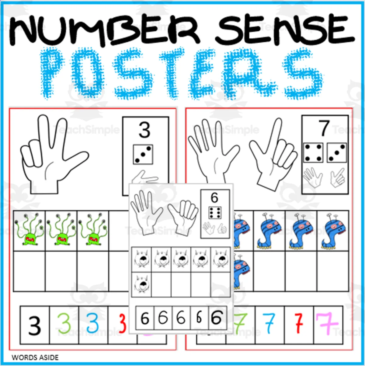 An educational teaching resource from WORDS ASIDE entitled NUMBER SENSE 1-10 POSTER MATS | monsters downloadable at Teach Simple.