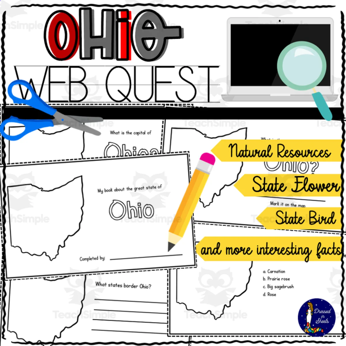 An educational teaching resource from Soumara Siddiqui entitled Ohio WebQuest Printable Book downloadable at Teach Simple.