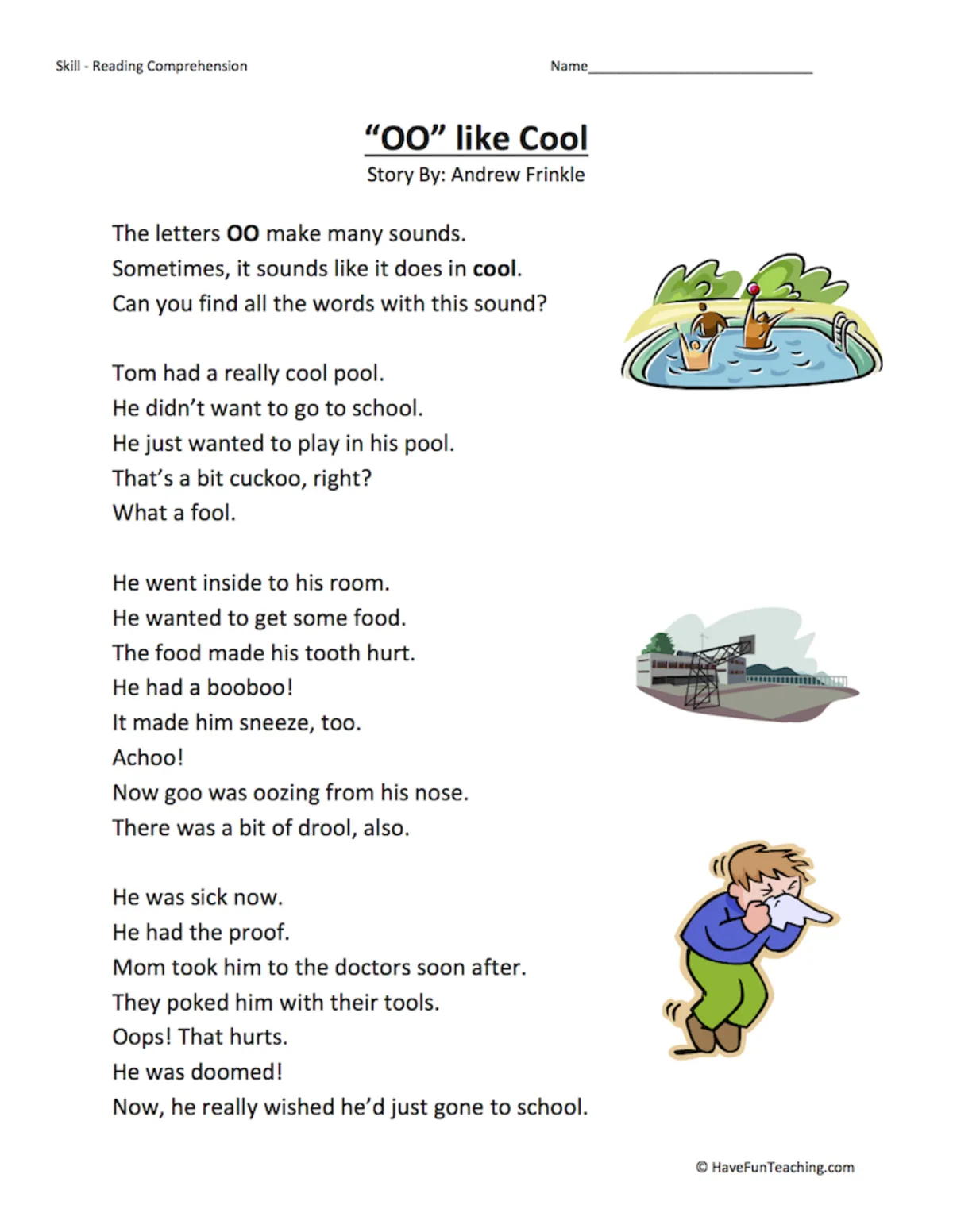 An educational teaching resource from Have Fun Teaching entitled OO Like Cool Reading Comprehension Worksheet downloadable at Teach Simple.