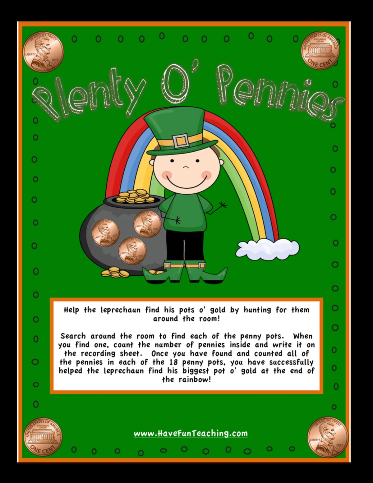 An educational teaching resource from Have Fun Teaching entitled Plenty O' Pennies Counting Pennies Activity downloadable at Teach Simple.