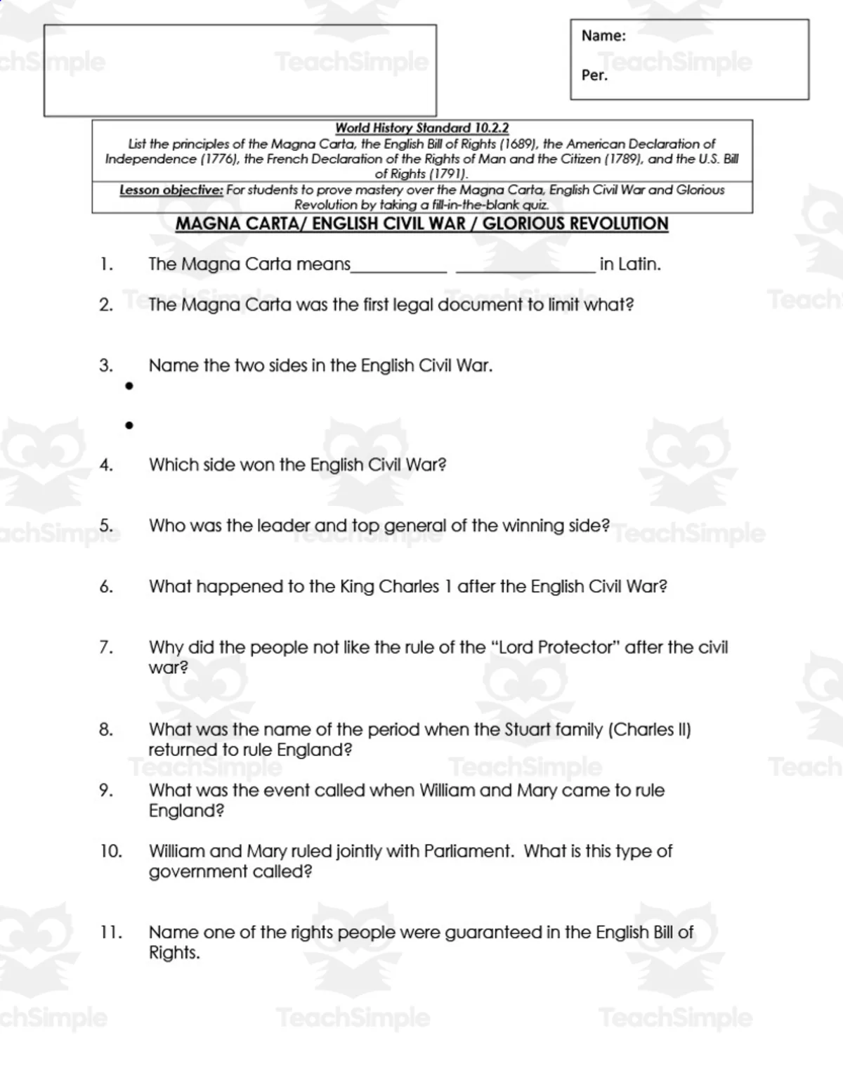 An educational teaching resource from Jason Stein entitled Quiz: Magna Carta, English Civil War and Glorious Revolution downloadable at Teach Simple.
