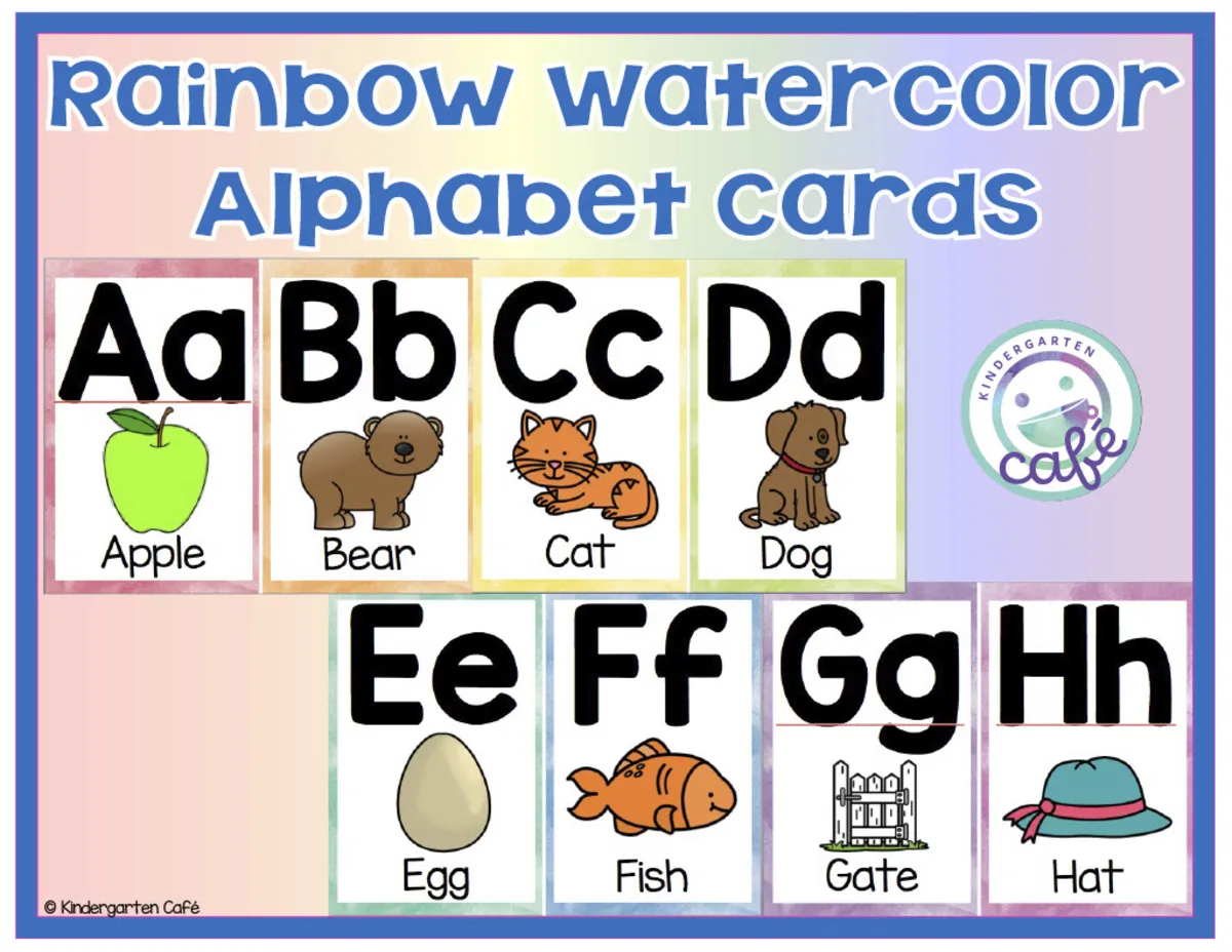 An educational teaching resource from Kindergarten Cafe entitled Rainbow Watercolor Alphabet Cards - Bulletin Board Decor downloadable at Teach Simple.