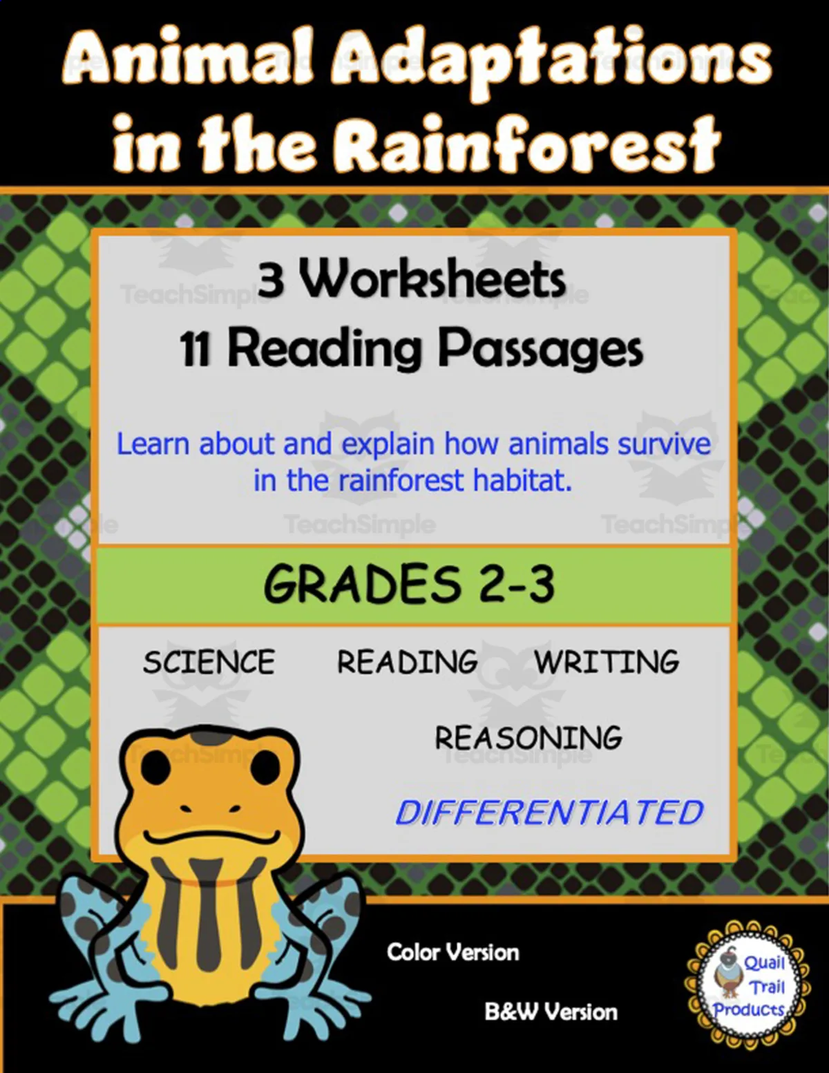 An educational teaching resource from Quail Trail Products entitled Rainforest Animals Adaptations and Habitat Worksheets downloadable at Teach Simple.
