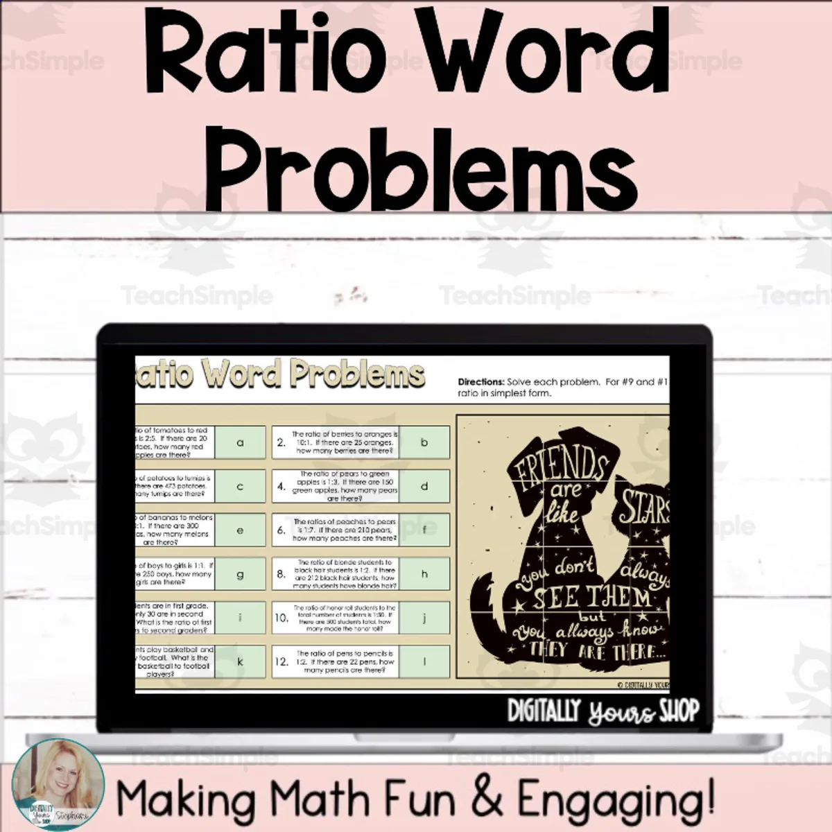 An educational teaching resource from Digitally Yours Shop entitled Ratio Word Problems Digital Self-Checking Activity downloadable at Teach Simple.