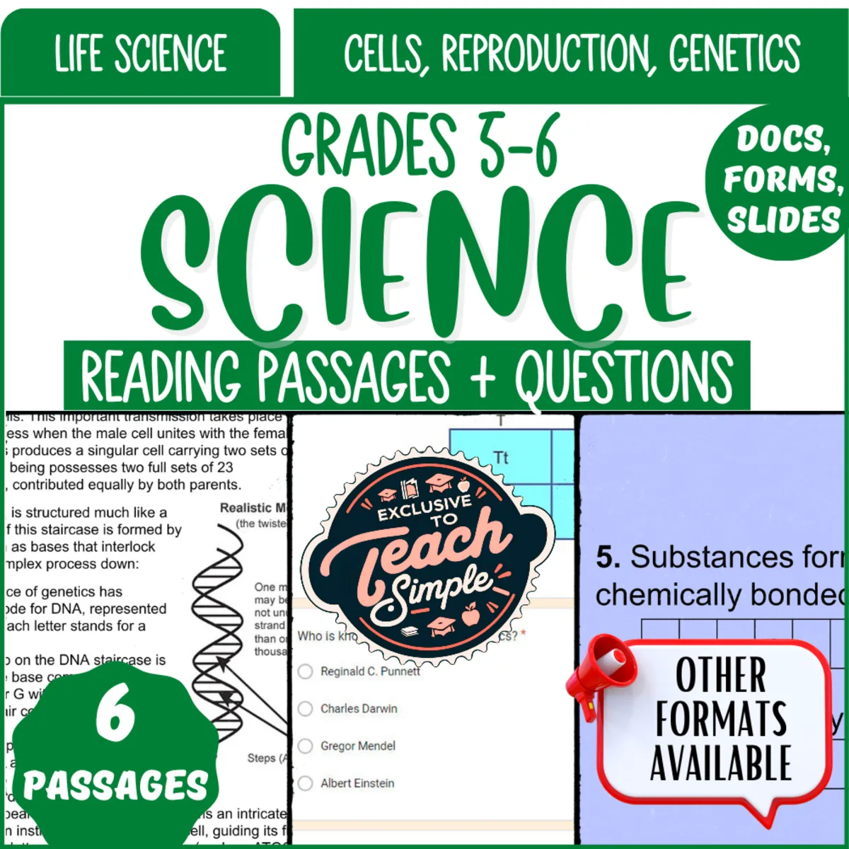 An educational teaching resource from Cored Education entitled Reading Comprehension: Cells, Reproduction and Genetics (Google Drive) downloadable at Teach Simple.
