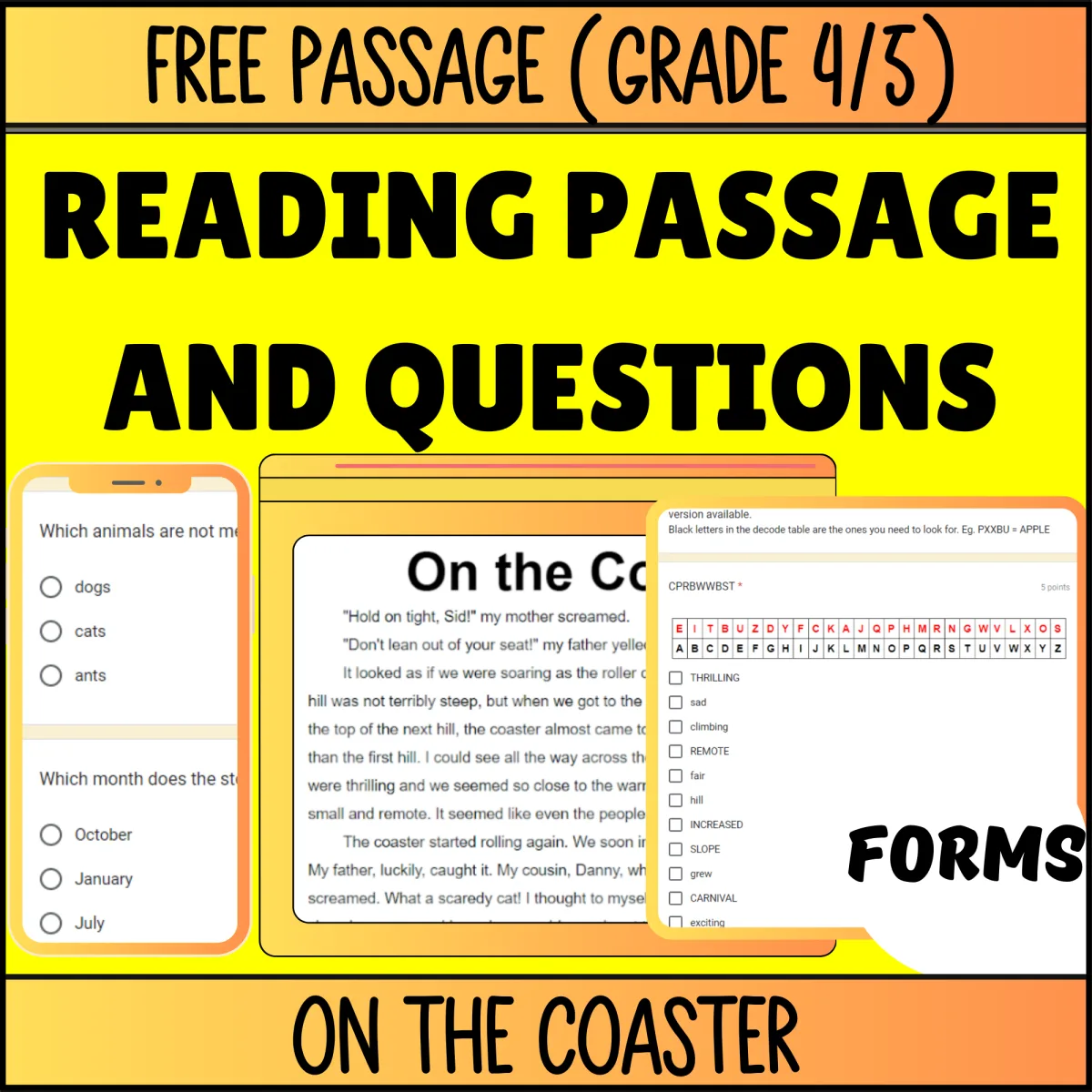 An educational teaching resource from Cored Education entitled Reading Comprehension Fiction Set 2 Sample: On the Coaster (Forms) downloadable at Teach Simple.