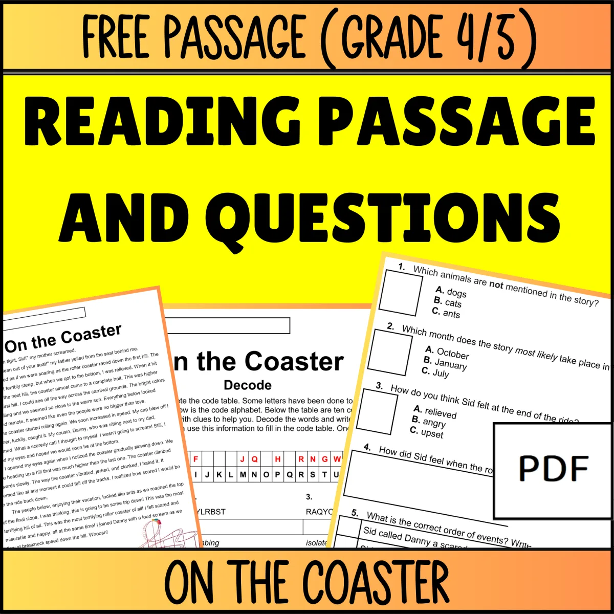 An educational teaching resource from Cored Education entitled Reading Comprehension Fiction Set 2 Sample: On the Coaster (PDF) downloadable at Teach Simple.