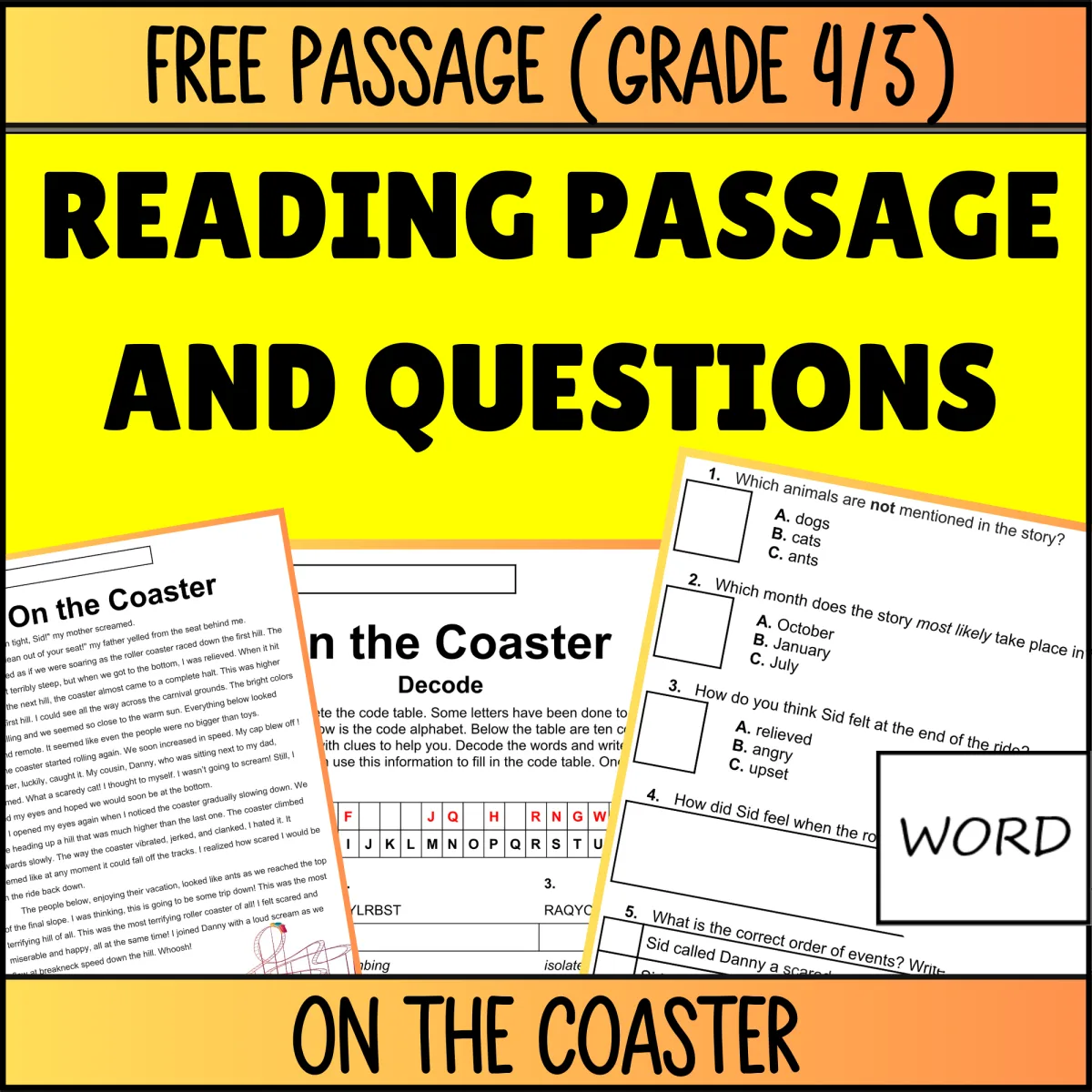 An educational teaching resource from Cored Education entitled Reading Comprehension Fiction Set 2 Sample: On the Coaster (Word) downloadable at Teach Simple.