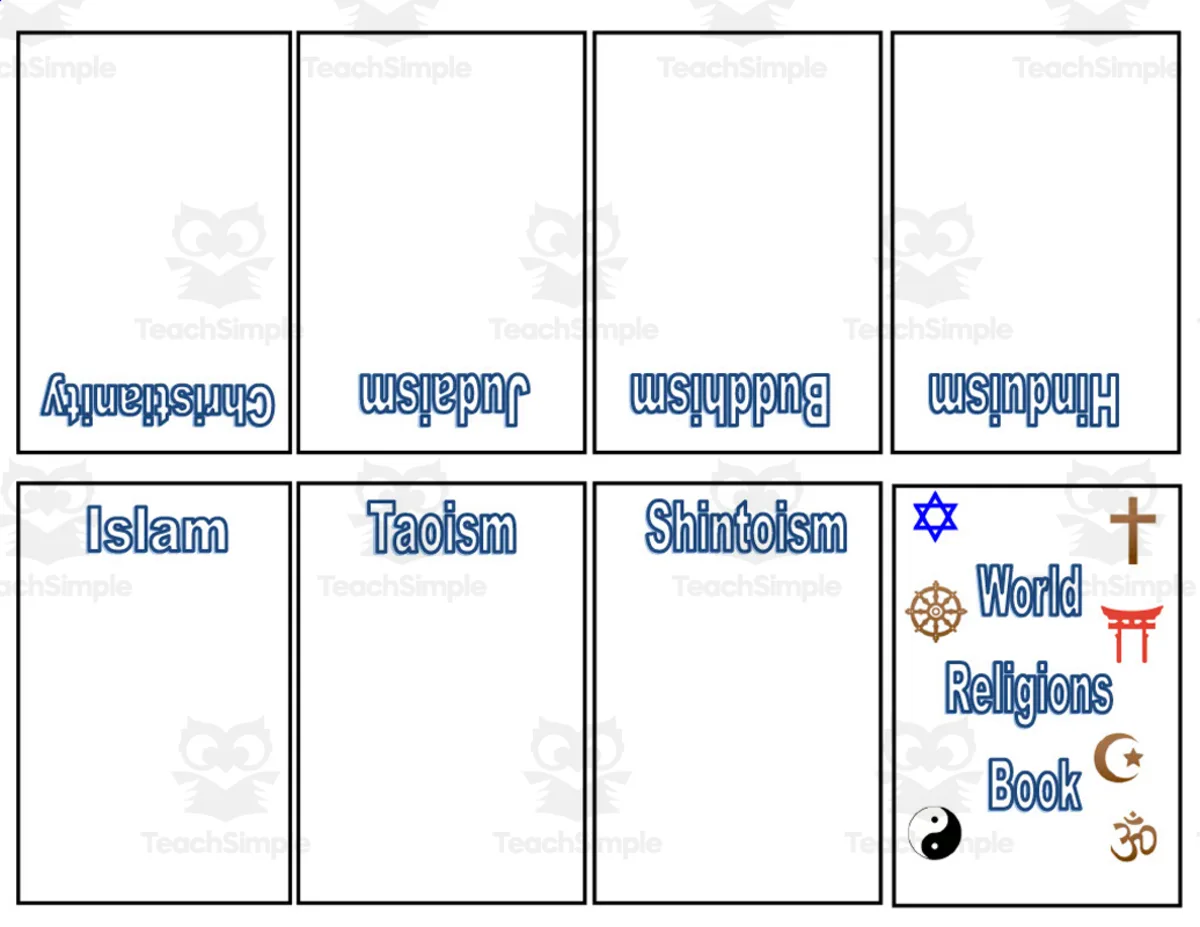 An educational teaching resource from History with DeLong entitled Religion Book Template downloadable at Teach Simple.
