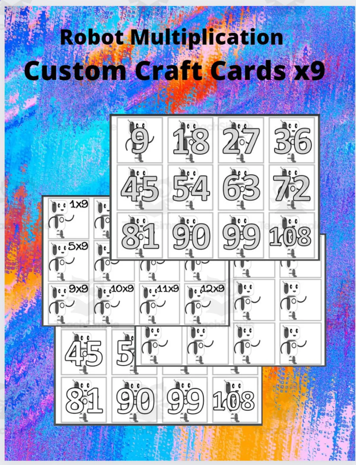 An educational teaching resource from WORDS ASIDE entitled Robot Multiplication Custom Craft Cards x9 downloadable at Teach Simple.