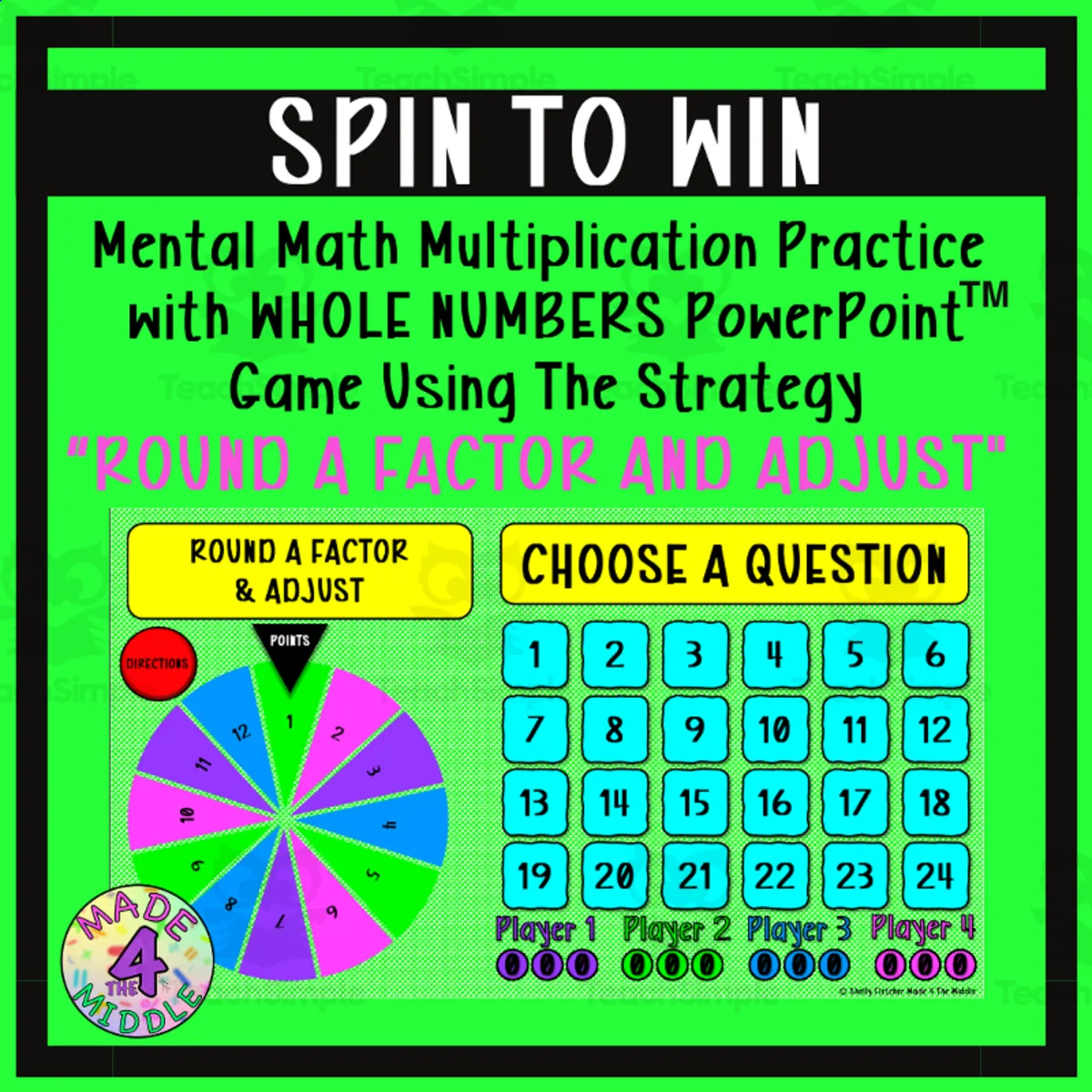 An educational teaching resource from Made 4 The Middle entitled Round A Factor & Adjust (Whole Numbers) Spin To Win Game downloadable at Teach Simple.