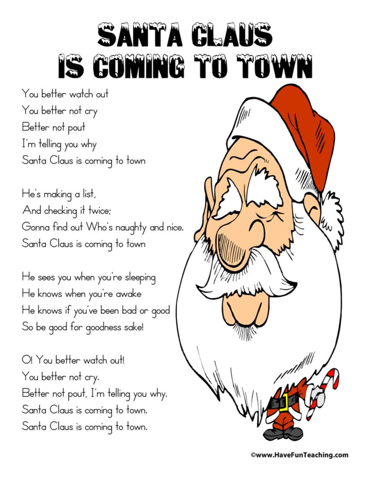 An educational teaching resource from Have Fun Teaching entitled Santa Claus Is Coming To Town Lyrics downloadable at Teach Simple.