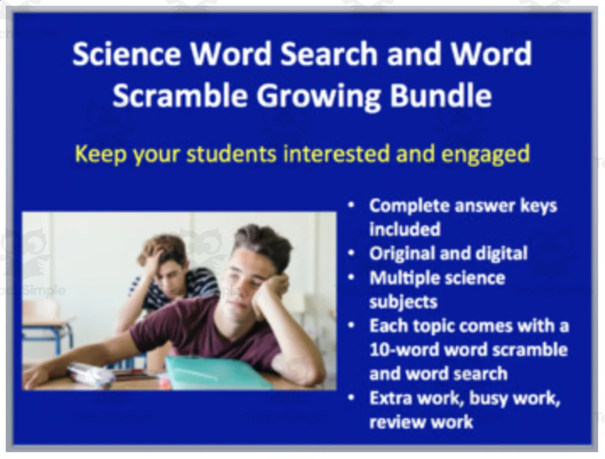An educational teaching resource from Teach With Fergy entitled Science Word Search and Scramble Bundle downloadable at Teach Simple.
