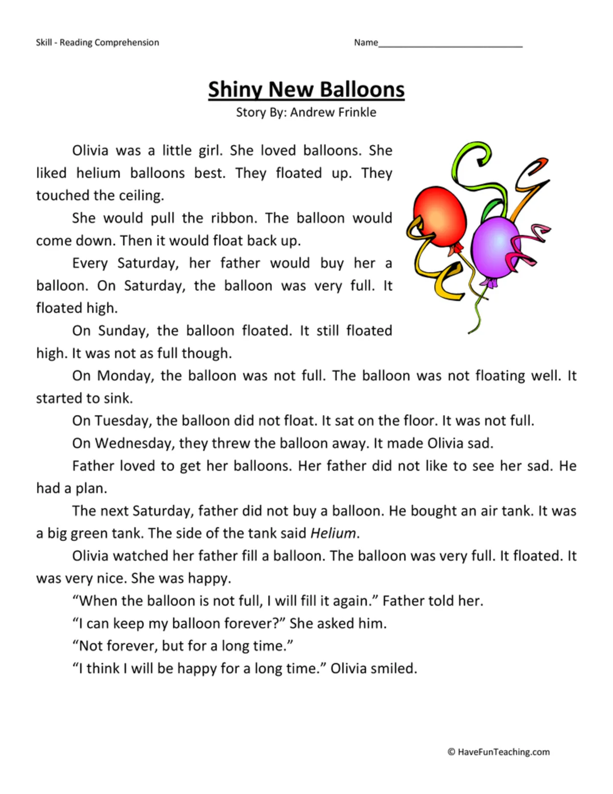 An educational teaching resource from Have Fun Teaching entitled Shiny New Balloons Reading Comprehension Worksheet downloadable at Teach Simple.