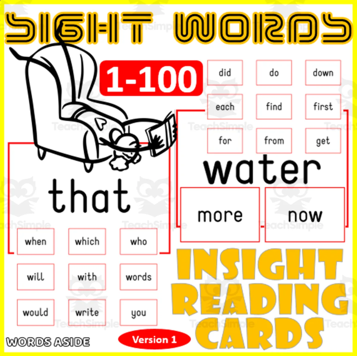 An educational teaching resource from WORDS ASIDE entitled Sight Words Flash Cards 1-100 version 1 downloadable at Teach Simple.