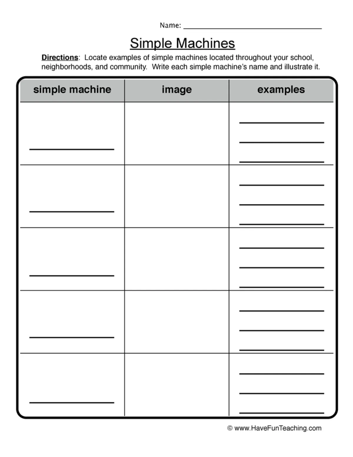 An educational teaching resource from Have Fun Teaching entitled Simple Machines Worksheet downloadable at Teach Simple.