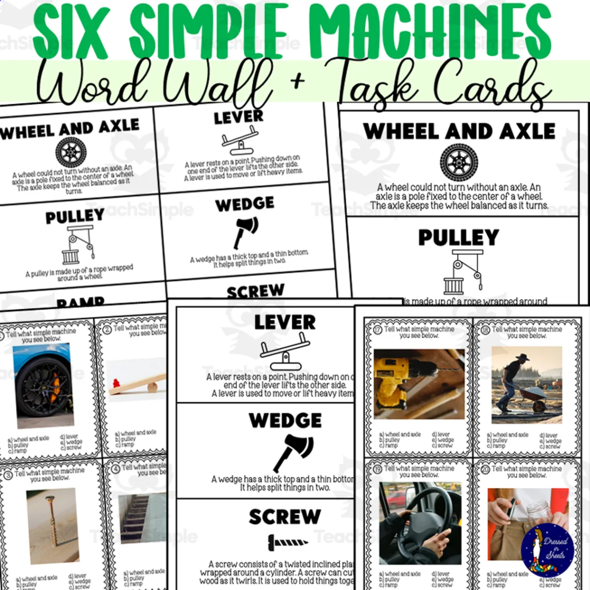 An educational teaching resource from Soumara Siddiqui entitled Six Simple Machines Word Wall and Task Cards downloadable at Teach Simple.
