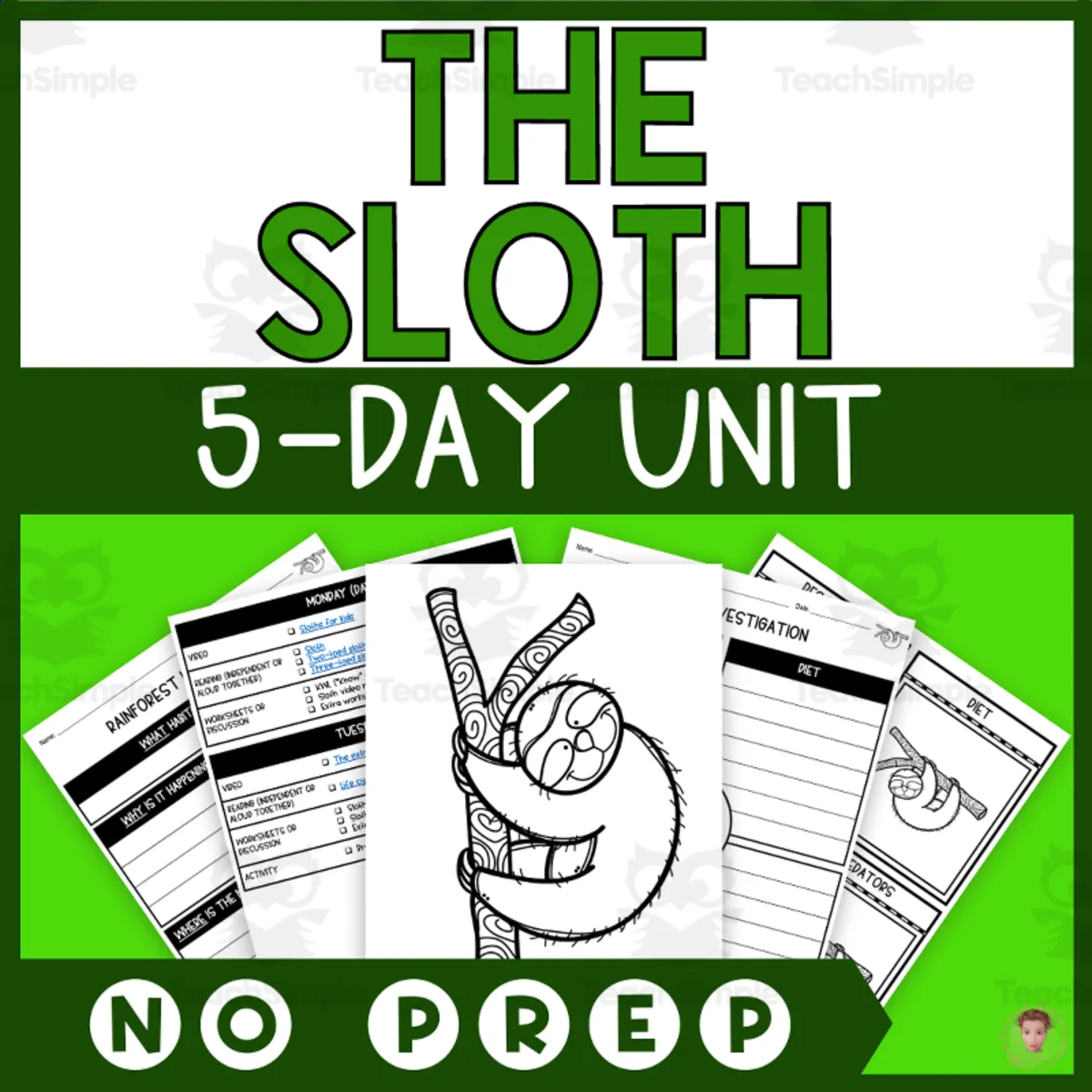 An educational teaching resource from Heather Huhman entitled Sloth Unit Study | Rainforest Animals | Lesson Plan, Activities | NO PREP downloadable at Teach Simple.