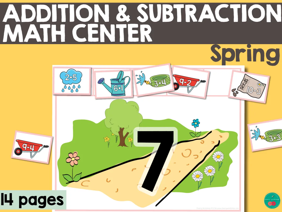 An educational teaching resource from Cherry Workshop entitled Spring Addition & Subtraction Sorting Mats downloadable at Teach Simple.