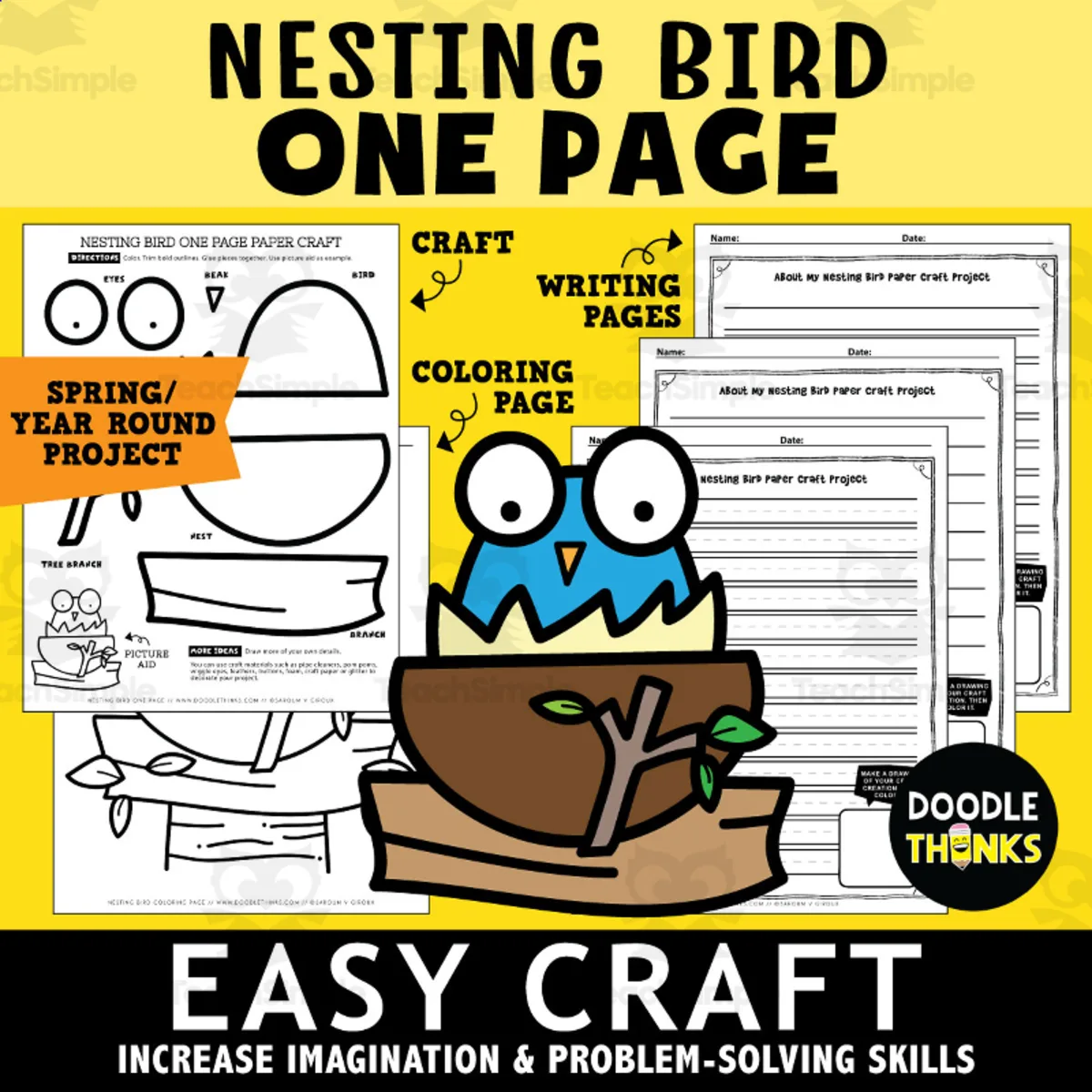An educational teaching resource from Doodle Thinks entitled Spring Nesting Bird One Page Paper Craft Art Activities | Animal Theme downloadable at Teach Simple.
